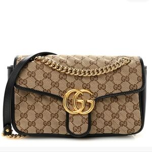 Gucci Matelasse Diagonal GG  Marmont Beige/Black GG Shoulder Bag W/Gold Chain